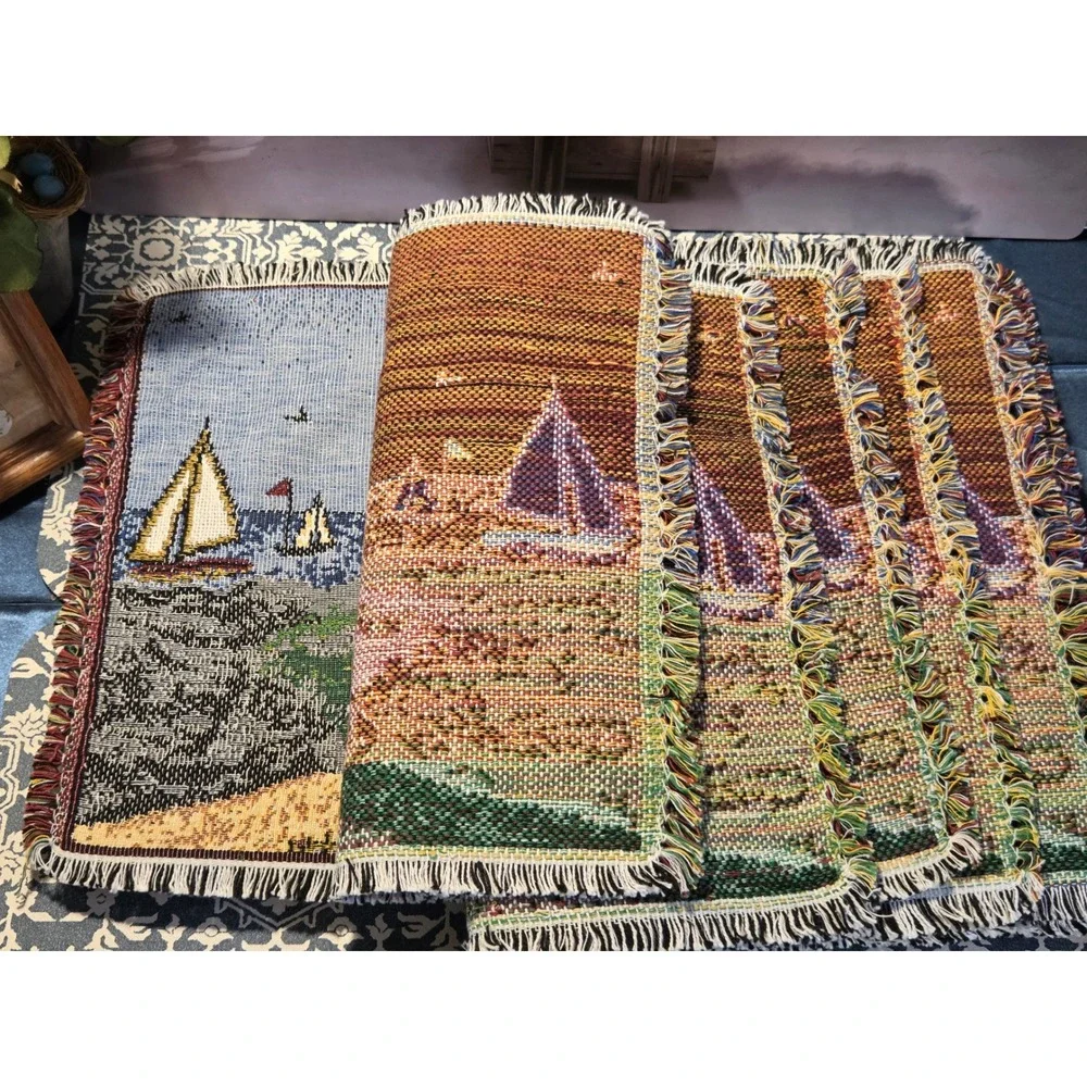 😎Vintage Nautical Woven Tapestry Placemats Set of 6 Lighthouse Sailboat Coastal